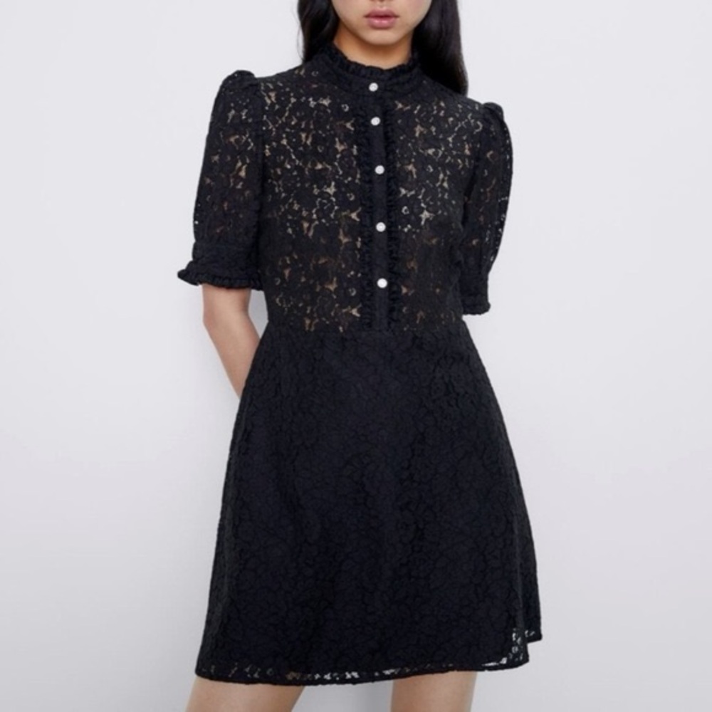 Zara Black Lace Mini Dress with Jeweled Button and Puff Sleeves Peter Pan collar